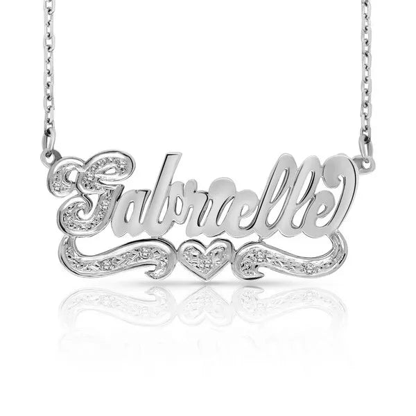 14k white gold bold script name necklace with heart
