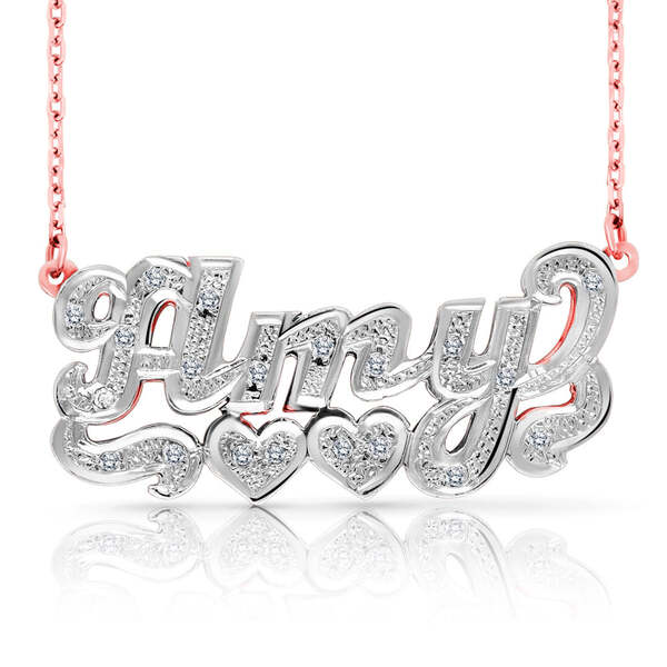 14 Karat Diamond Cut 3D Name Necklace with Two Hearts
