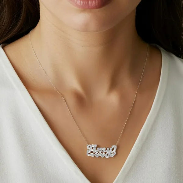 14 Karat Diamond Cut 3D Name Necklace with Two Hearts
