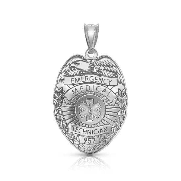 Sterling Silver Personalized EMT Badge Charm Pendant with Number