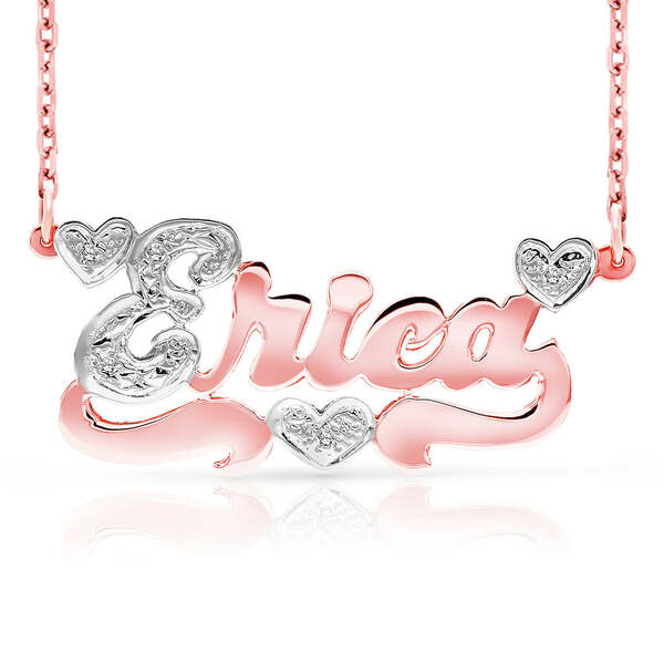 14 Karat Polished and Diamond Cut 3D Name Necklace with Three Hearts