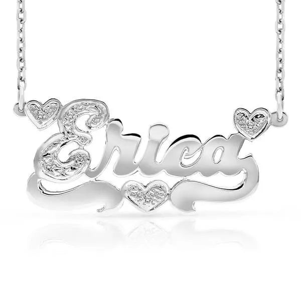 14 Karat Polished and Diamond Cut 3D Name Necklace with Three Hearts