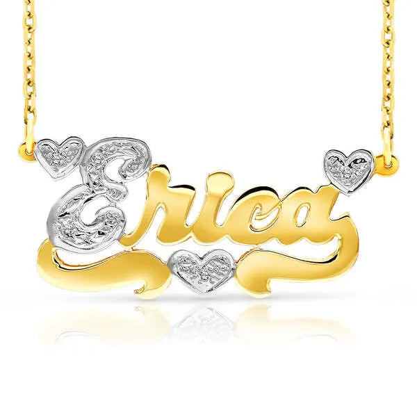 14 Karat Polished and Diamond Cut 3D Name Necklace with Three Hearts