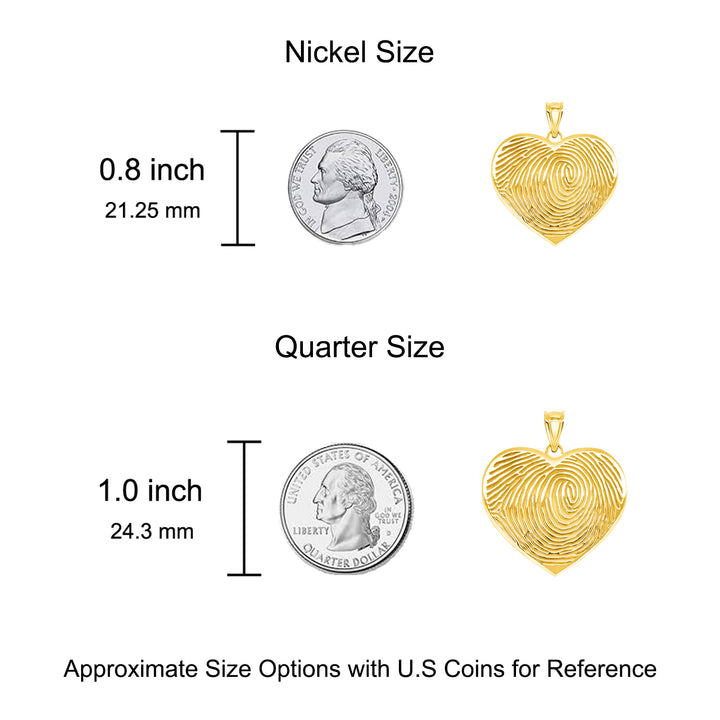 A image of the Heart-Shaped Fingerprint Charm Pendant next to a US Nickel and Quarter for size reference