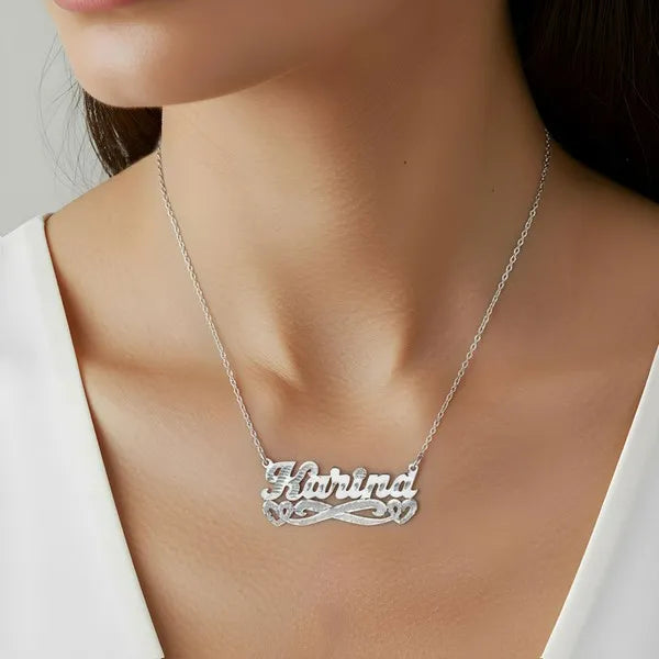 14 Karat Diamond Cut & Florentine Name Necklace with Hearts