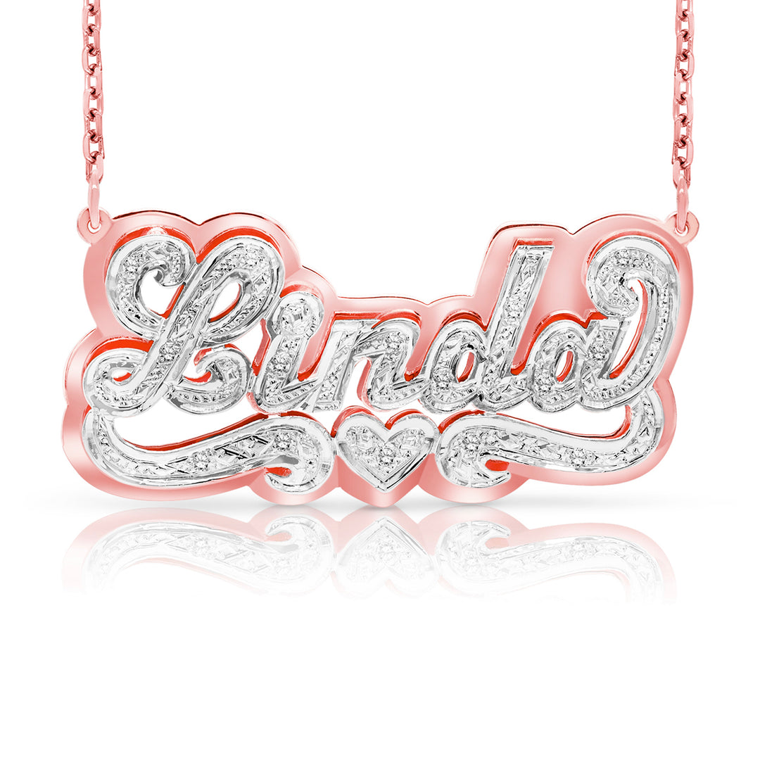 A Sample of the 14 Karat 3D Name Necklace with Solid Back Plate with the name Linda in Rose Gold