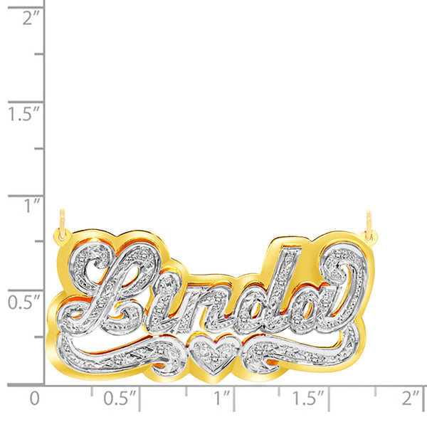 A Sample of the 14 Karat 3D Name Necklace with Solid Back Plate with the name Linda with measuring guide for size reference