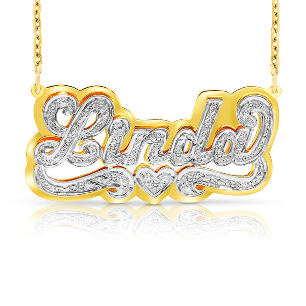 A Sample of the 14 Karat 3D Name Necklace with Solid Back Plate with the name Linda in Yellow Gold