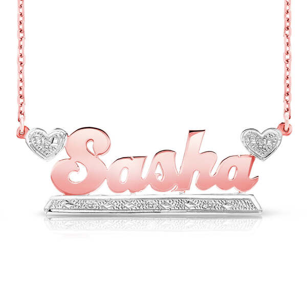 14 Karat Bold Name Necklace with Two Hearts