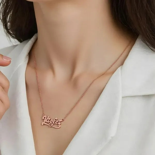 14 Karat Diamond Cut Name Necklace with Strikethrough Heart