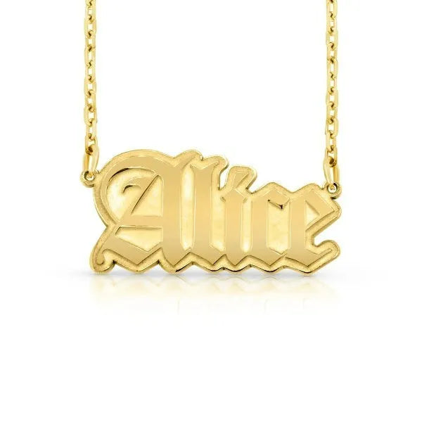 Alice gothic style name necklace in 14k yellow gold
