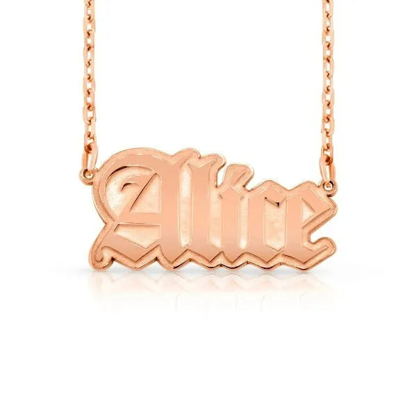 Rose gold Alice gothic name necklace 14k