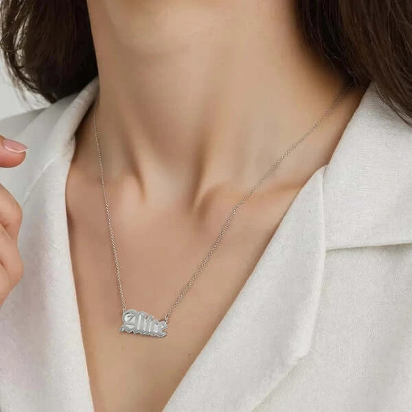 Alice name necklace worn in sterling silver
