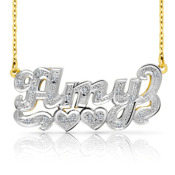 Amy 3D name necklace with two hearts in 14k yellow gold