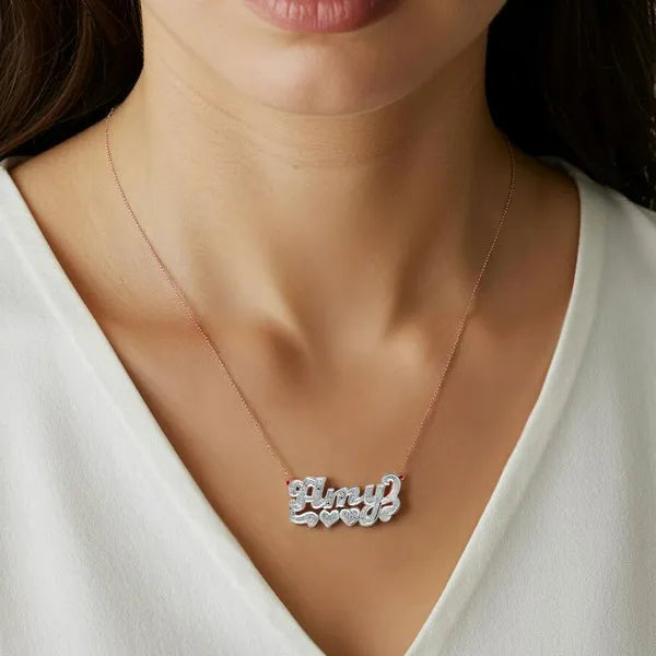 Rose gold Amy name necklace worn on model
