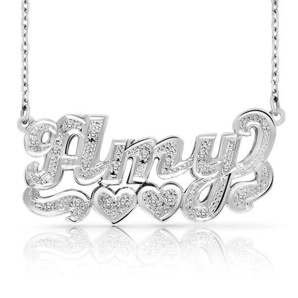 14k white gold Amy name necklace with heart accents