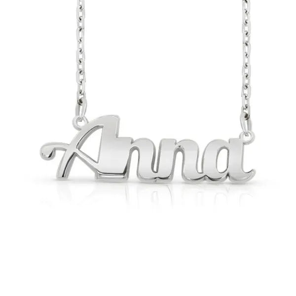14 karat small bold print name necklace in white gold