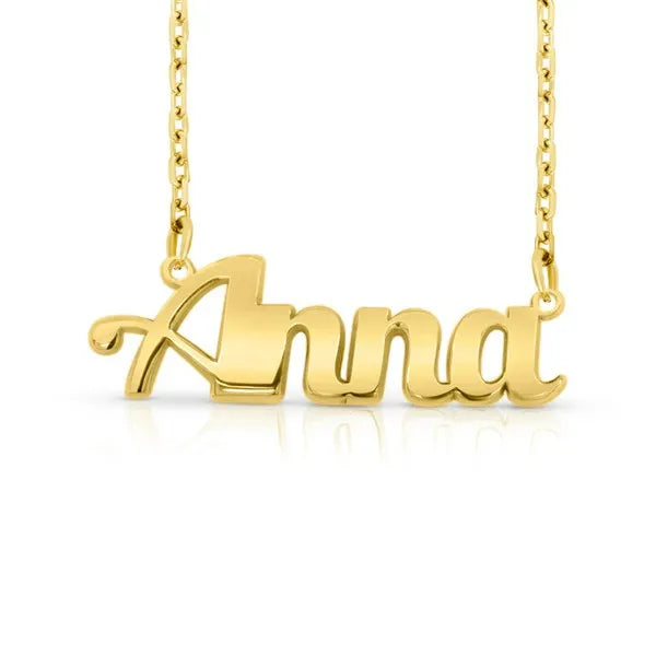 14 karat small bold print name necklace in yellow gold