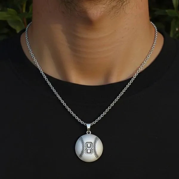 Baseball pendant worn by man in sterling silver
