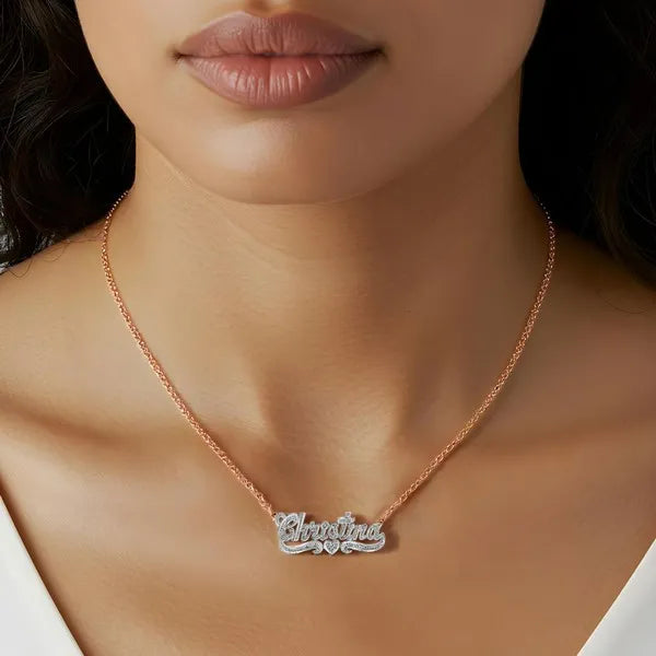 Rose gold Christina name necklace worn on model