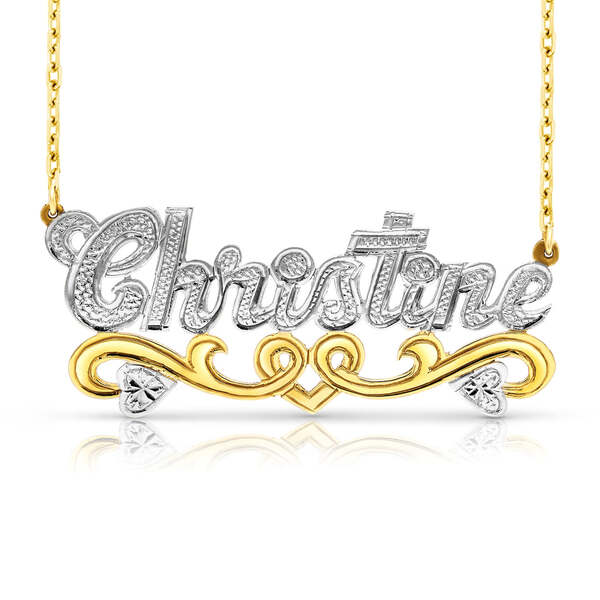 Christine name necklace with hearts in 14k yellow gold