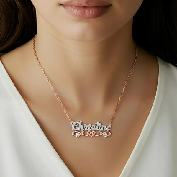 Rose gold Christine name necklace worn on model