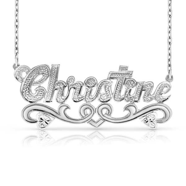14k white gold name necklace with hearts Christine