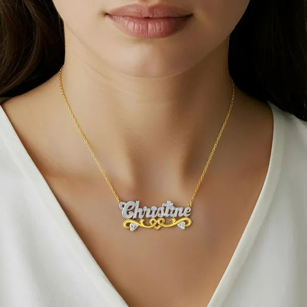 Christine heart name necklace worn in 14k yellow gold