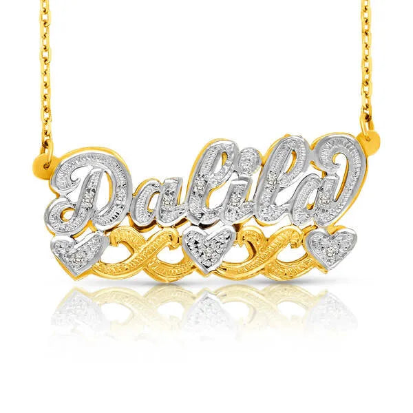 Dalila 3D name necklace with intertwined hearts in 14k yellow gold
