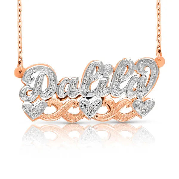 Rose gold Dalila 3D name necklace with intertwined hearts