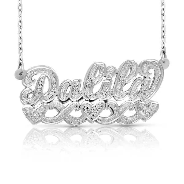 14k white gold name necklace with intertwined hearts