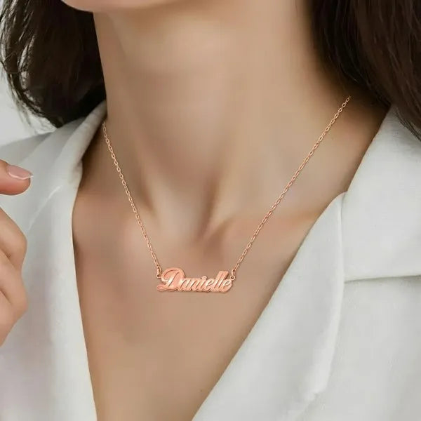 Lifestyle view Danielle fancy script name necklace rose gold