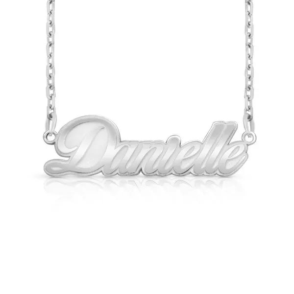 14 karat fancy script name necklace white gold