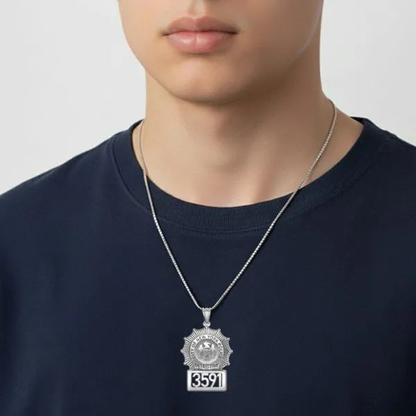 Detective badge charm pendant worn by teen model in sterling silver