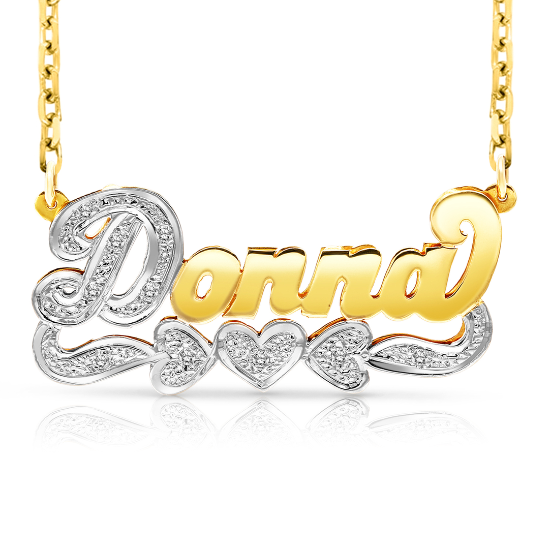 Donna 3D name necklace with three hearts in 14k yellow gold