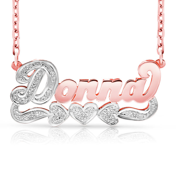 Rose gold Donna 3D name necklace with three hearts