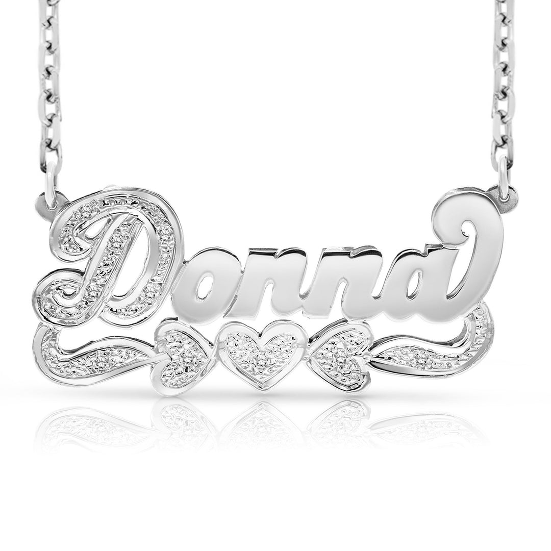 14k white gold 3D name necklace Donna with hearts