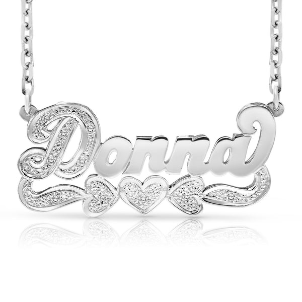 14k white gold 3D name necklace Donna with hearts