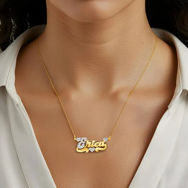 Erica name necklace worn in 14k yellow gold