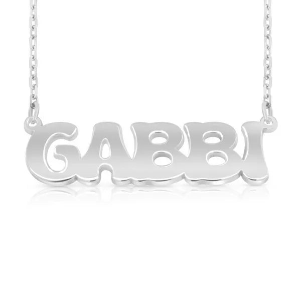  14 karat retro letter name necklace white gold finish