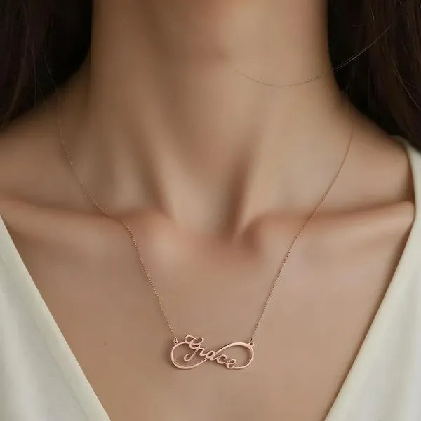 Rose gold Grace name necklace worn on model