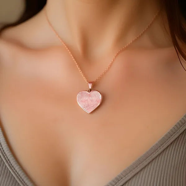 Heart shaped fingerprint charm pendant detail view in rose gold