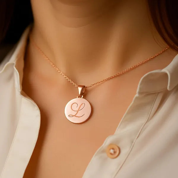Initial disc pendant on model in rose gold