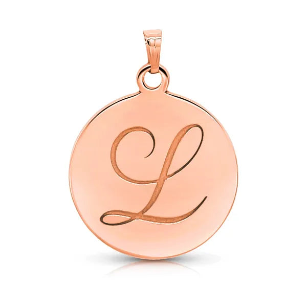 Personalized initial disc pendant in rose gold