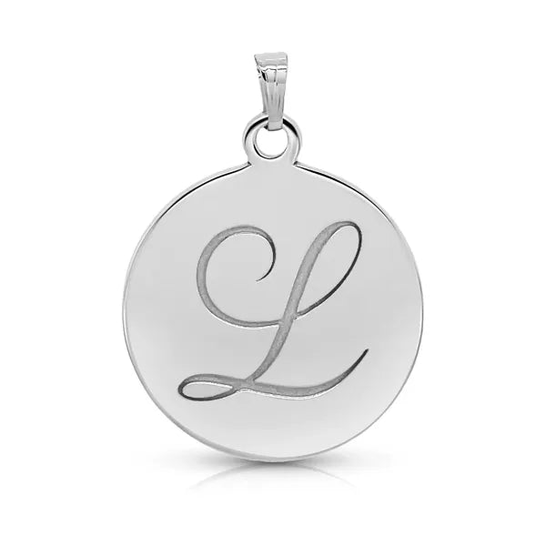 Custom initial disc pendant in white gold finish