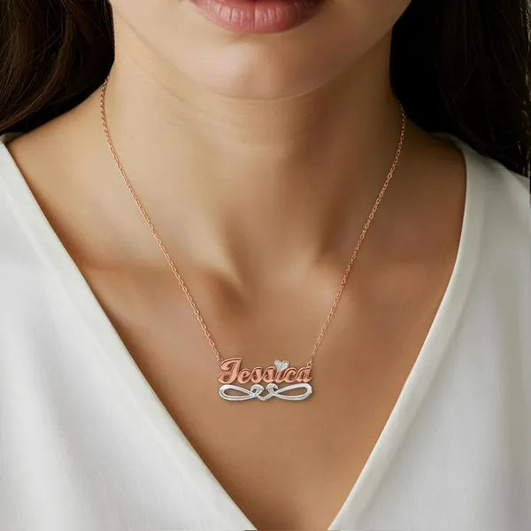 Rose gold Jessica name necklace worn on model