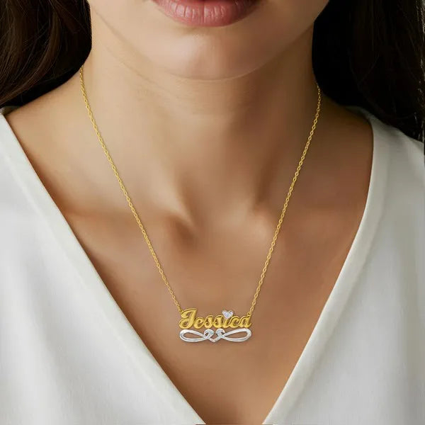Jessica script name necklace worn in 14k yellow gold