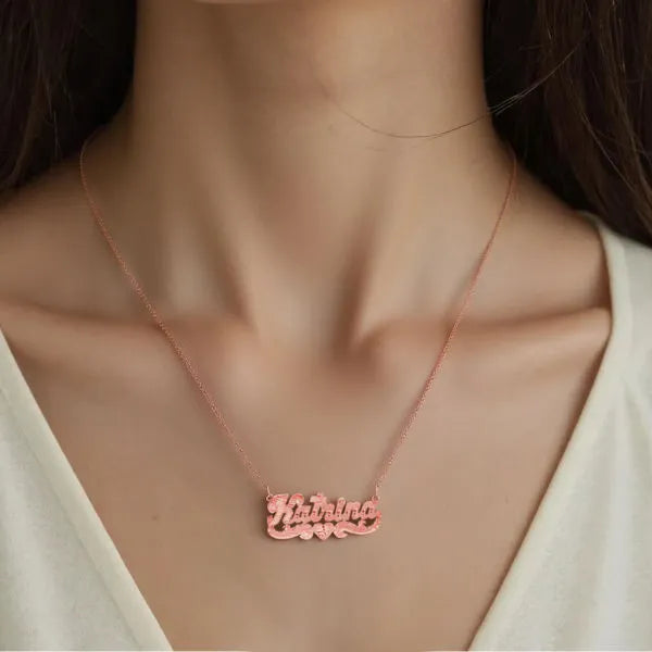 Rose gold Katrina florentine name necklace worn on model