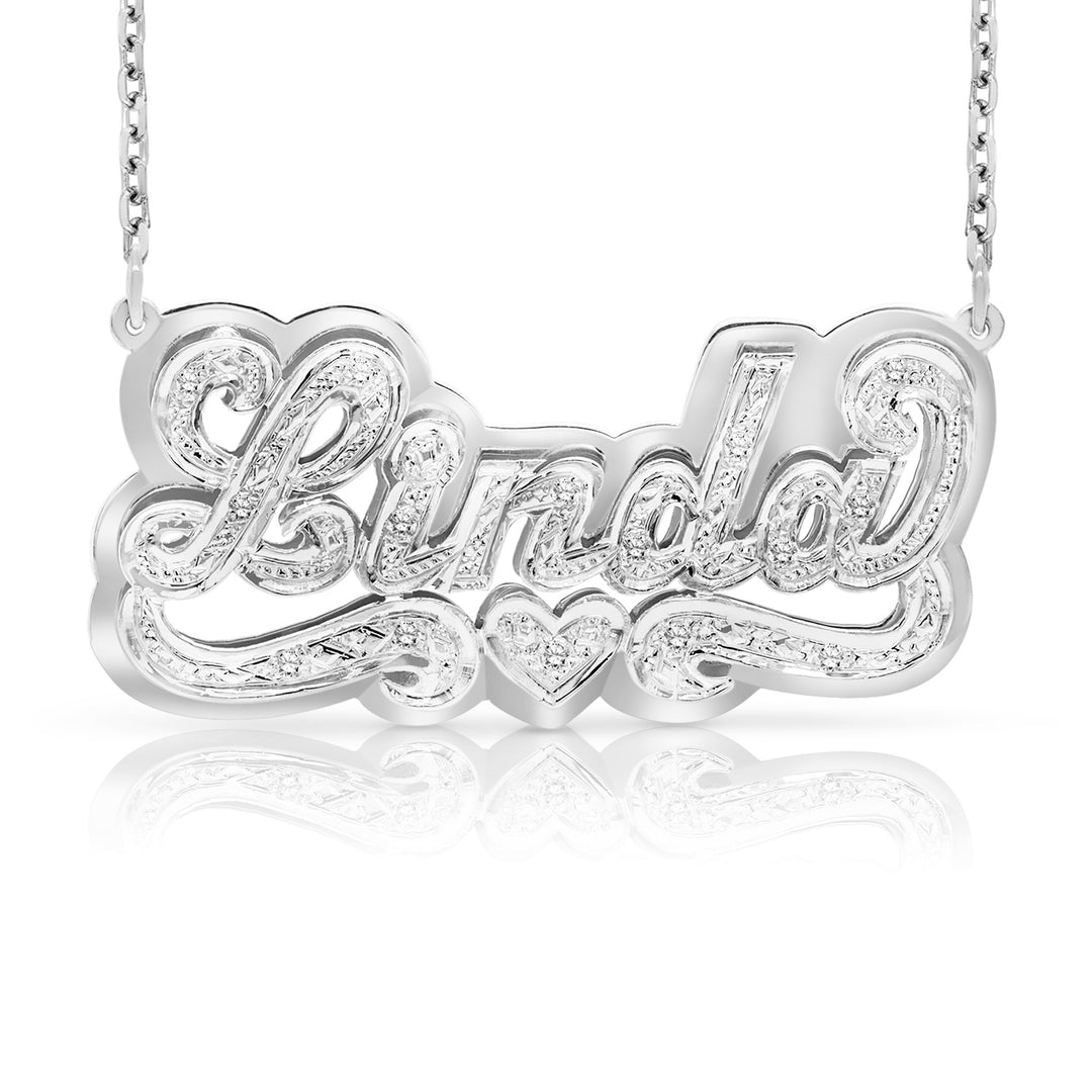 14k white gold Linda name necklace with solid back plate