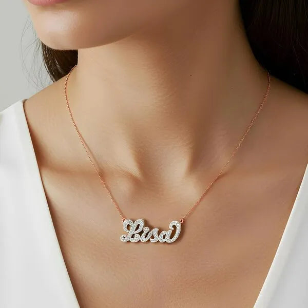 Rose gold diamond cut name necklace worn